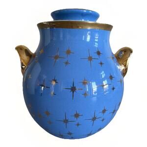 Vintage Hall Periwinkle Blue & Gold Cookie Jar Canister Atomic Starburst #1566